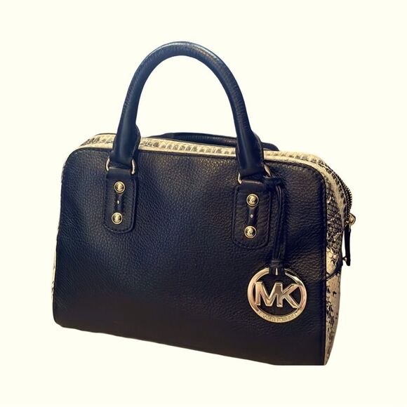 Michael Kors Black Leather & Faux Python Bowler Bag – Gold Hardware - Picture 1 of 11